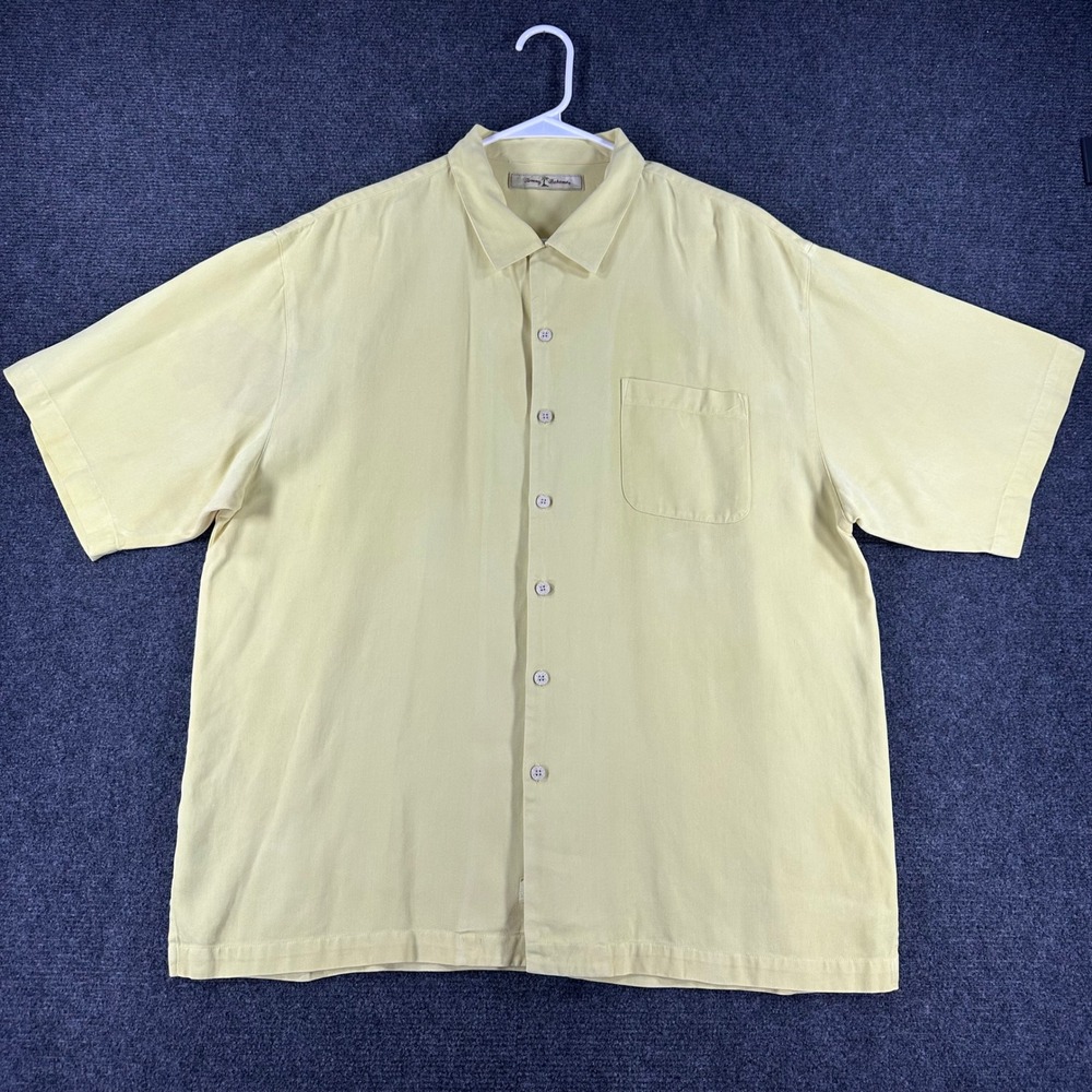 Tommy Bahama Button Down Mens XL Extra Large Yellow 100% Silk Herringbone Camp - Picture 4 of 14